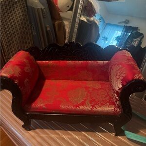 Elegant Vintage Red and Gold Decorative Doll Sofa 19”W x 12” Tall